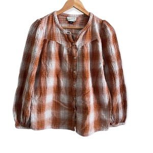 Universal Thread Women's Plaid Puff Long Sleeve Button-Front Blouse Size Medium